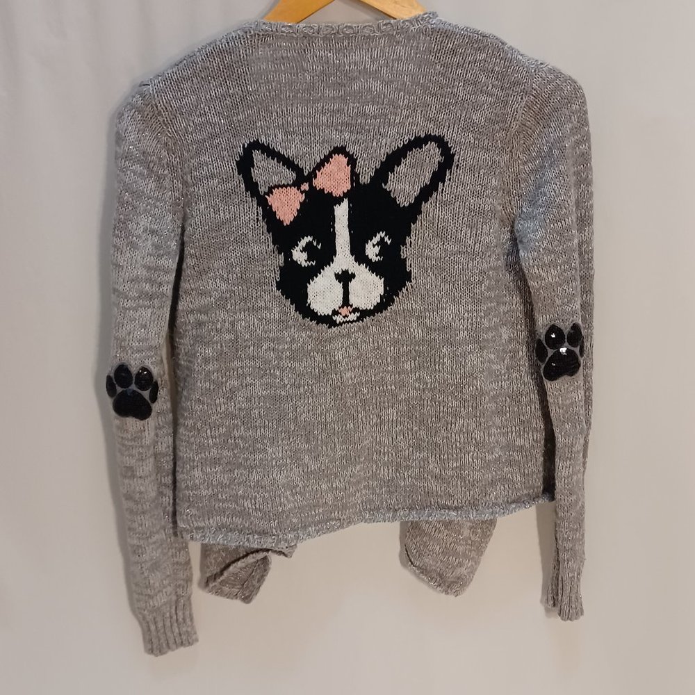 cardigan sweater,  Justice -size 12 (m) - Gray with puppy and paw prints on back